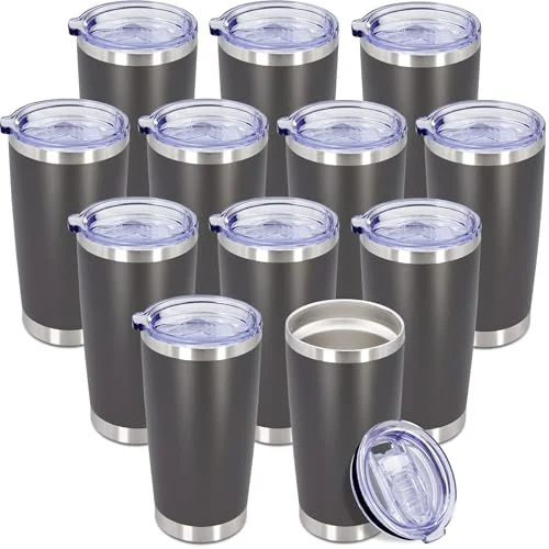 Authentic 20oz Tumbler Insulated Coffee Tumblers with Lid Stainless Steel Grey 12P 12 Count Unique