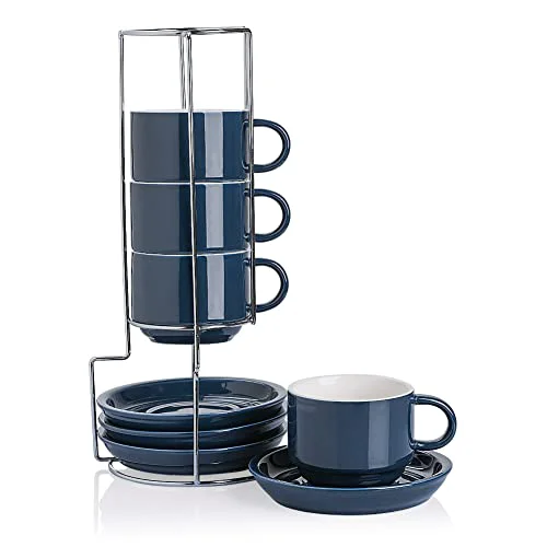 Comfortable Sweejar Porcelain Cappuccino Cups with Saucers and Metal Stand 4 Count Crafted