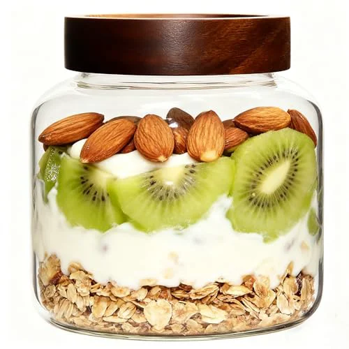 Advanced 40 oz Glass Jars with Wooden Airtight Lid Herb Spice Canister Round Clear Glass Food Storage Container for Pantry Sugar Tea Coffee Bean Spice Cookies Bath Salts Comfortable