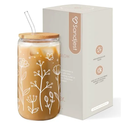 Easy-to-Use Floral Cup 16 Oz Can Glass with Bamboo Lid and Straw Advanced