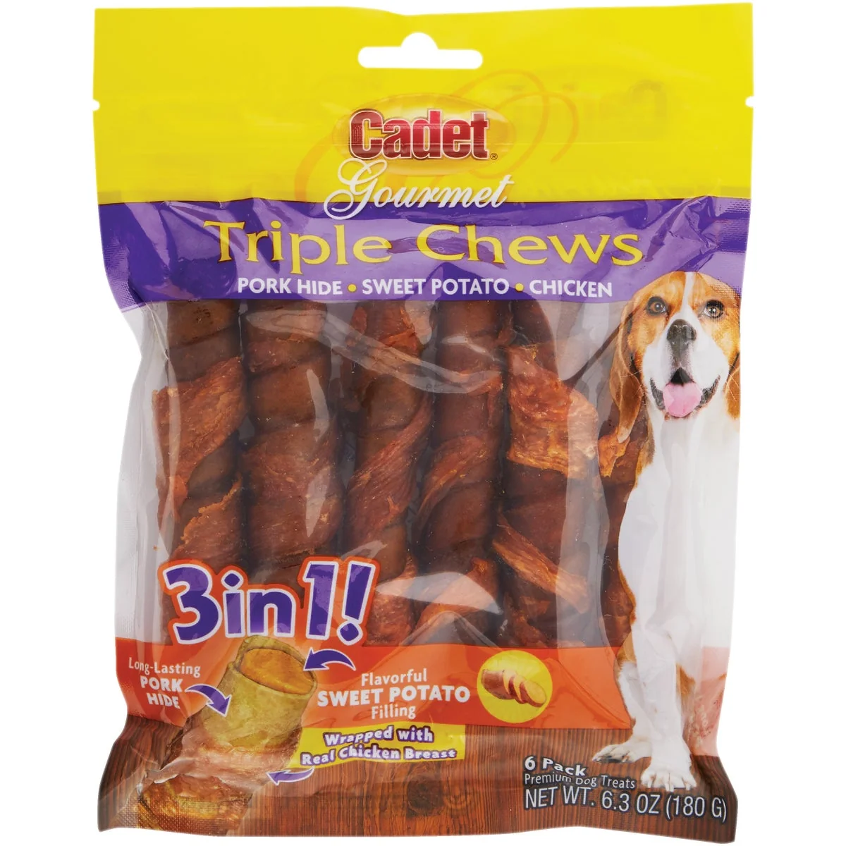 Lightweight Cadet Gourmet Pork Triple Chews Dog Treat 6-Pack Safe