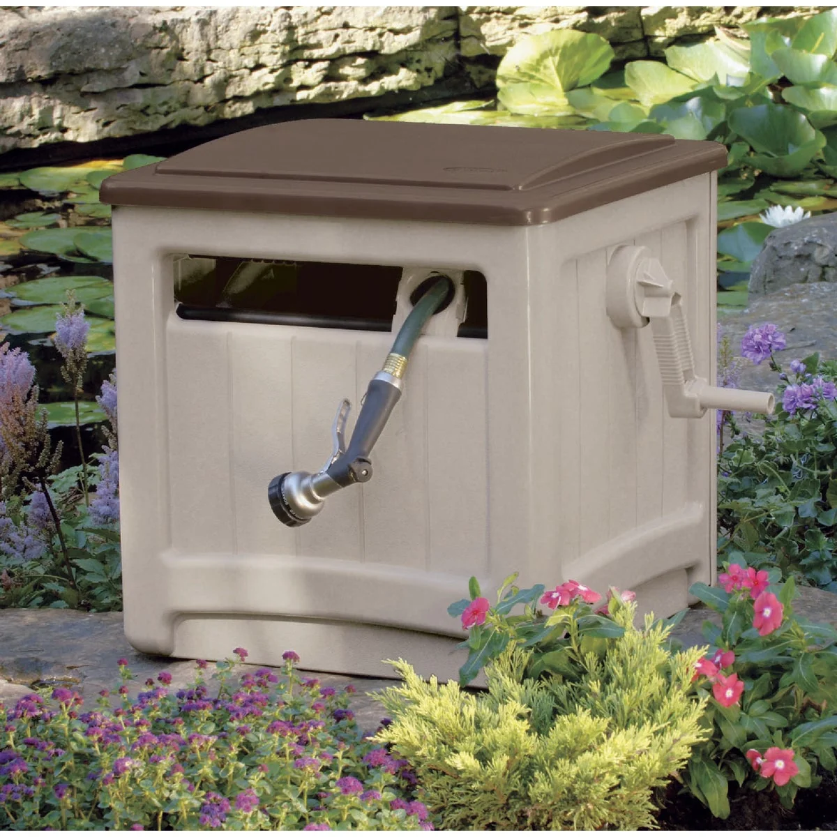 Exclusive Suncast Smart Trak Hideaway 225 Ft. x 5 8 In. Taupe w Bronze Lid Resin Hose Reel Healthy