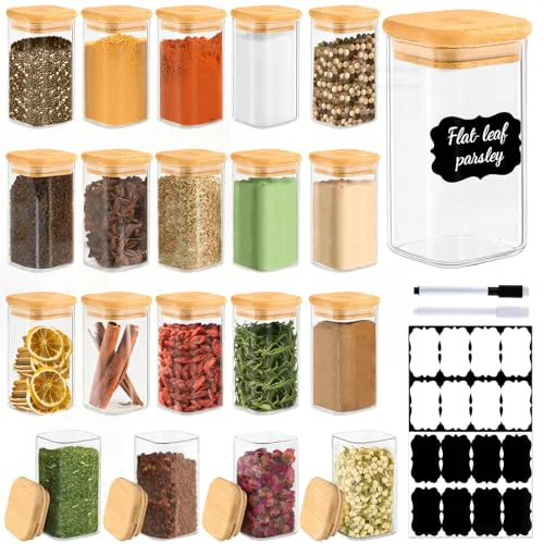 Refined 20 Pack 8 oz Square Glass Spice Jars with Lids and Labels 20 Count World-Class