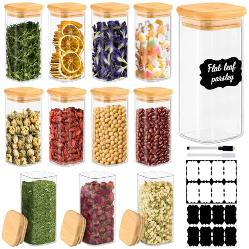 World-Class 12 Pack 10 oz Square Glass Spice Jars with Lids and Labels 12 Count Solid