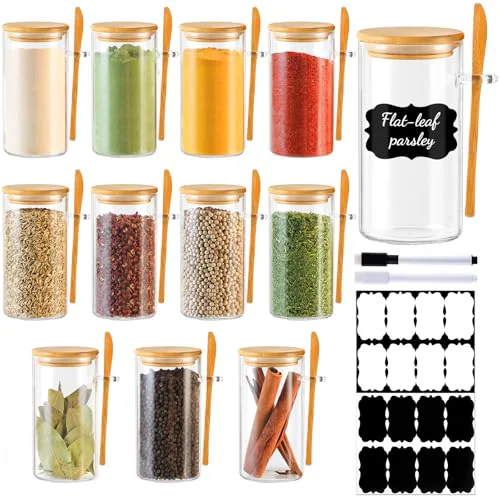 Stylish 12 Pack 10 oz Round Glass Spice Jars with Lids and Spoons 12 Count High-End