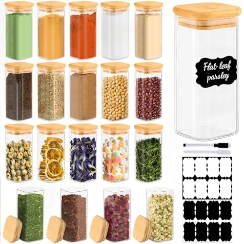 Refined 20 Pack 10 oz Square Glass Spice Jars with Lids and Labels 20 Count Detailed