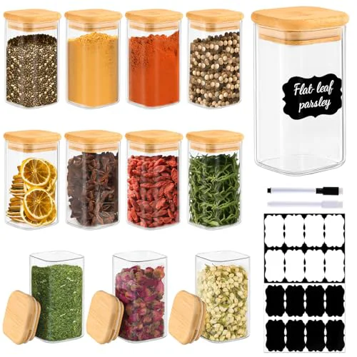 Detailed 12 Pack 8 oz Square Glass Spice Jars with Lids and Labels 12 Count Green