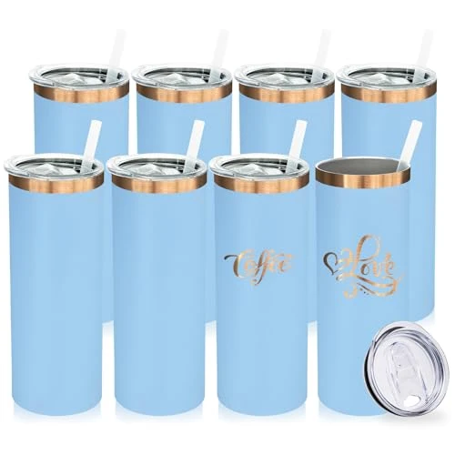 Soft 20 oz Skinny Tumblers Bulk with Lids and Straws Sky Blue 8 Count Dependable