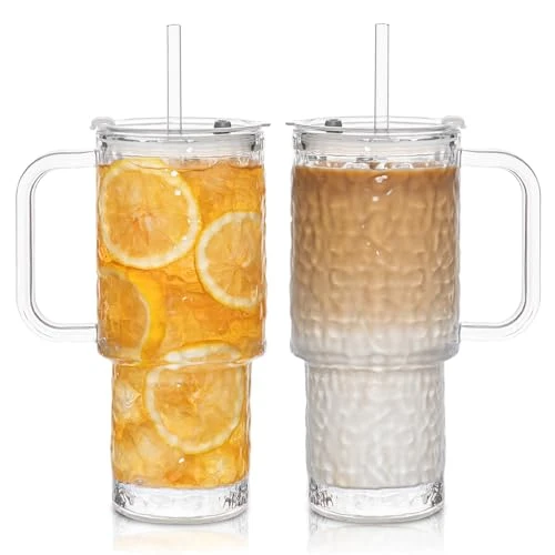 Superior 24 oz Water Ripple Glass Tumbler with Handle and Lid Casual