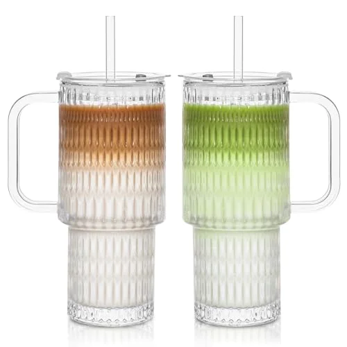 Selected 24 oz Raindrop Glass Tumbler with Handle and Lid Crafted