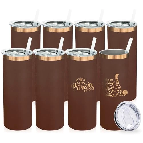 Reusable 20 oz Skinny Tumblers Bulk with Lids and Straws Brown 8 Count Premium Material