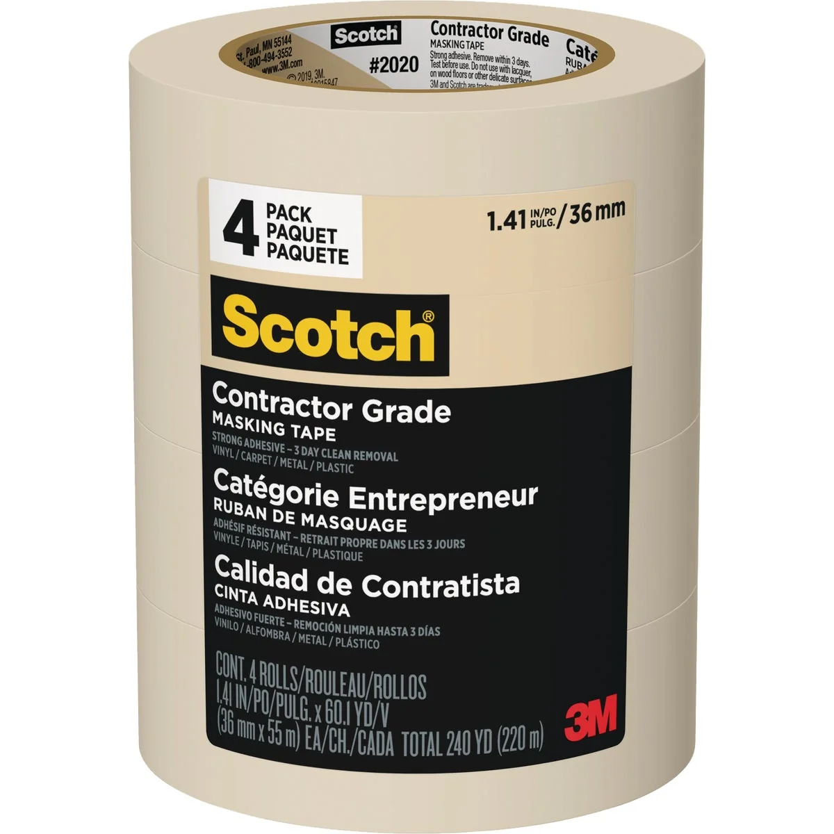 Fine Crafted 3M Scotch 1.41 In. x 60.1 Yd. Contractor Grade Masking Tape 4-Pack Reusable