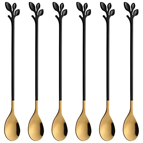 Next-Generation 6 Piece Elegant Black Gold Leaf Long Handle Teaspoons 6 Count Detailed