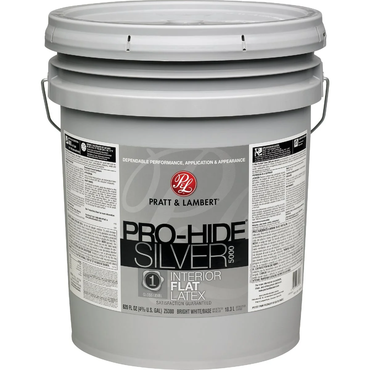 High-End Pratt Lambert Pro-Hide Silver 5000 Latex Flat Interior Wall Paint Bright White Base 5 Gal. Functional