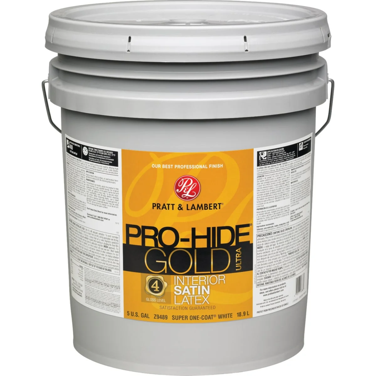 Minimalist Pratt Lambert Pro-Hide Gold Ultra Latex Satin Interior Wall Paint Super One-Coat White 5 Gal. First-Class
