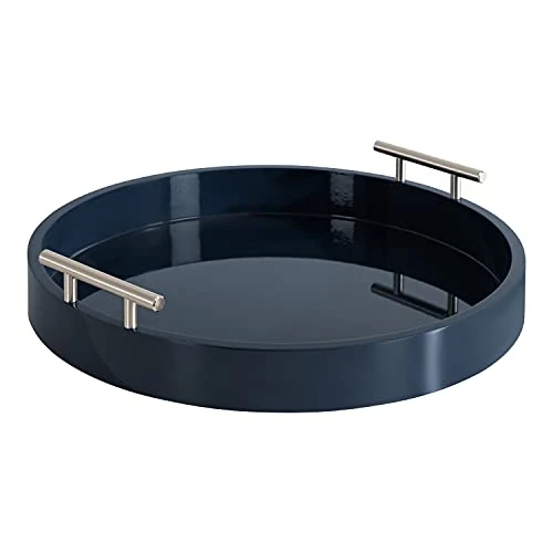Quality Lipton Modern Round Tray 15.5 Diameter Navy and Silver Decorative Accent Tray for Storage and Display Responsible
