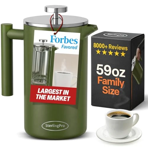 Organic Non Toxic Extra Large Insulated Stainless Steel French Press Coffee Maker 59oz Environmentally Friendly