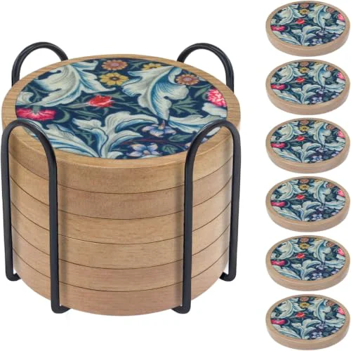 Genuine 6 Pack Absorbent Coasters Set with Holder Wood Coasters for Drinks Housewarming Gifts for Home Decoration Cup Coasters for Coffee Tabletop Protection 4.3 Inch Versatile
