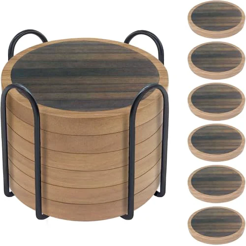 Minimalist 6 Pack Absorbent Coasters Set with Holder Wood Coasters for Drinks Housewarming Gifts for Home Decoration Cup Coasters for Coffee Tabletop Protection 4.3 Inch Classic