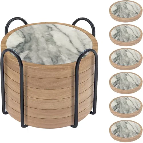 Sophisticated 6 Pack Absorbent Coasters Set with Holder Wood Coasters for Drinks Housewarming Gifts for Home Decoration Cup Coasters for Coffee Tabletop Protection 4.3 Inch Premium