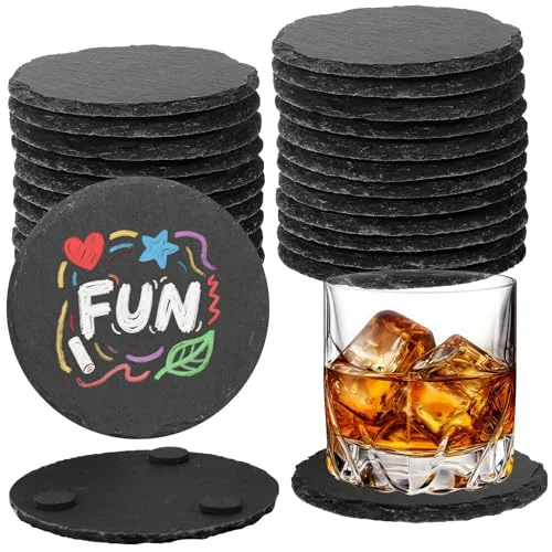 Authentic 24 PCS Black Natural Slate Coasters Bulk Set 4 Inch Laser Engraving Blanks with Anti Scratch Bottoms for Home 24 Count Certified