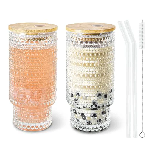 Classic 16 oz Hobnail Glass Cups with Lids and Straws Drinking Glasses of 2 2 Count Reliable