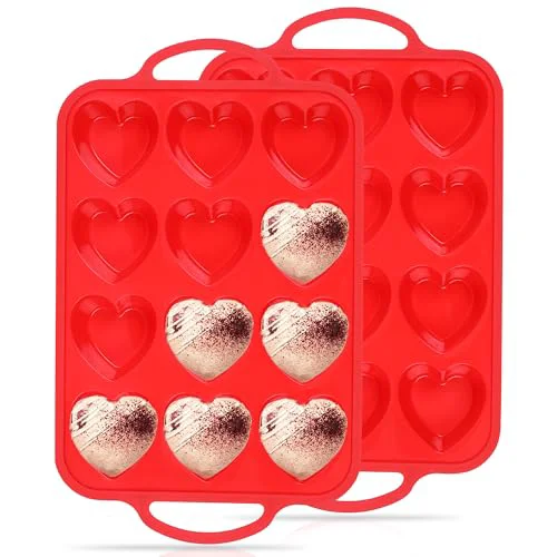 Reusable 2 Pcs Heart Shaped Muffin Pan with Metal Reinforced Frame 12 Cup Nonstick Silicone Heart Cake Mold for Baking 2.5 Inch Cupcake Tray Powerful