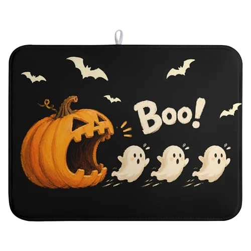 Crafted Halloween Ghost Dish Drying Mats Spooky Pumpkin Dish Mat Bat Drying Matt Dishes Dryer Pad for Kitchen Counter Absorbent Microfiber Washable Foldable Reusable 18×24 in Pure