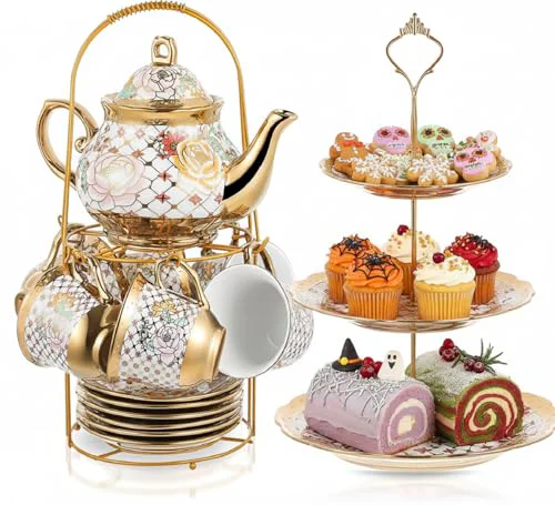 Verified 21 Pcs Porcelain Tea Set for Women Tea Party with Metal Holder and 3 Tier Cake Stand Ceramic European Floral Teapot Set for Adults Mother’s Day Christmas Thoughtful Gift Long-Lasting