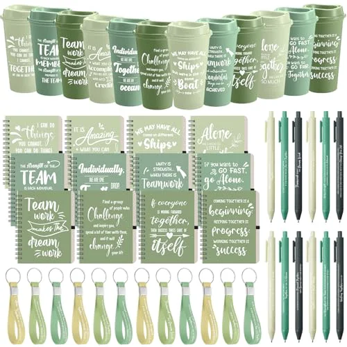 Modern 12 Set 48 Pcs Team Appreciation Gift Set Inspirational Employee Appreciation Gift Bulk 16 oz Coffee Cups with Team Notebook Pen Keychains for Staff Teacher 12 Count Green