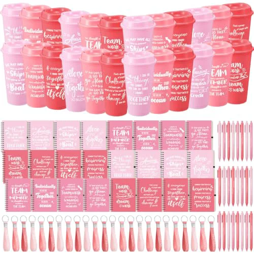 Sophisticated 24 Set 96 Pcs Team Appreciation Gift Set Inspirational Employee Appreciation Gift Bulk 16 oz Coffee Cups with Team Notebook Pen Keychains for Staff Teacher 24 Count Enhanced