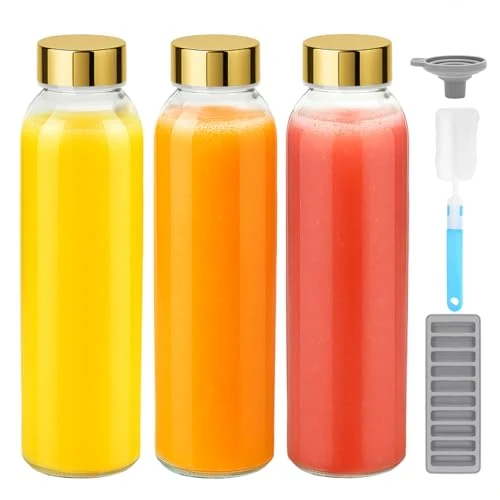 Premium Material 18 oz Glass Juice Bottles with Gold Lids 3 Count High-End