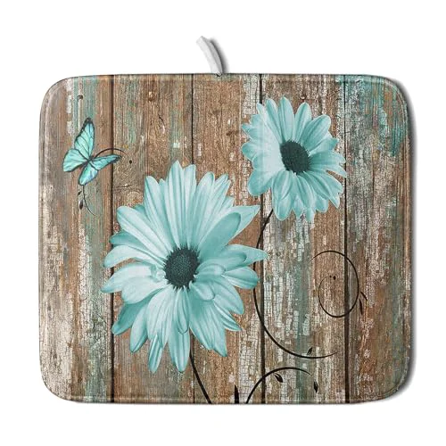 Proven Rustic Daisy Dish Drying Mat for Kitchen Countertop 16×18 inch Fall Teal Sunflowers on Wooden Board Dish Drainer Mats Fast Drying Country Vintage Shabby Chic Flower Dish Drying Pad Cabin Decor Secure