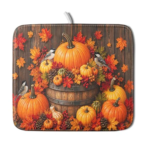 Long-Lasting Autumn Dish Drying Mat for Kitchen Countertop Fall Pumpkin Maple Leaf Birds Dish Drainer Mats 16x18inch Rustic Wood Board Grain Dish Drying Rack Pad Protector for Dining Seasonal Decor Original Design