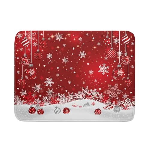 Environmentally Friendly Xmas Balls Dish Drying Mat for Kitchen Countertop Winter Red White Snowflakes Dish Drainer Mats 18x24inch Reversible Dish Drying Rack Pad Protector for Dining Holiday New Year Decor Enhanced