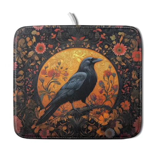 Comfortable Vintage Crow Dish Drying Mat 16 x18 Gothic Black Raven Boho Flowers Dish Drainer Mats Rustic Halloween Farmhouse Reversible Small Dish Drying Pad Protector for Kitchen Countertop Decor Authentic