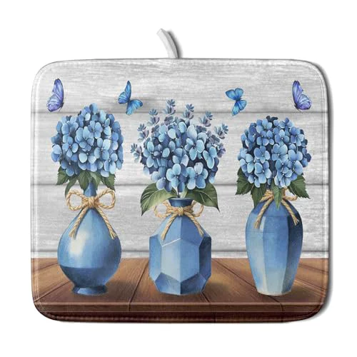High-Grade Blue Hydrangea Dish Drying Mat for Kitchen Vintage Wood Board Floral Butterfly Dish Drainer Mats 16x18inch Rustic Flowers Dish Drying Rack Pad Protector for Countertop Dining Decor Contemporary