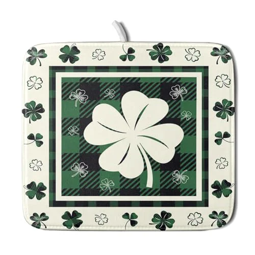 Specialty Patrick Clovers Dish Drying Mat 16 x18 Lucky Shamrock Spring Leaf Dish Drainer Mats Green Black Buffalo Plaids Absorbent Microfiber Dish Drying Pad for Kitchen Countertop Small Decor Original