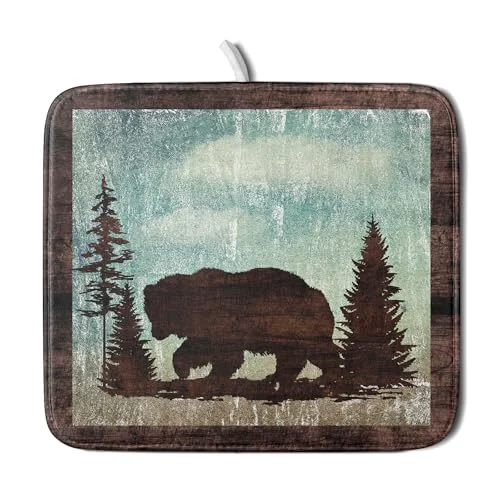 Modern Retro Brown Bear Forest Cabin Dish Drying Mat Countertop 16×18 Fall Blue Sky Cloud Cartoon Wild Animal Bushes Drainer Mat Pine Tree Grass Dishes Pad Rustic Floral Dish Drainer Rack Traditional