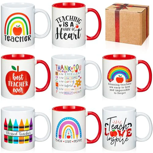 Crafted 8 Pieces 12 oz Teacher Appreciation Gifts Bulk Coffee Mugs Set with Handle Ceramic Matching Cups Bulk for Teacher Thank You Home School Office Table Centerpieces 8 Count Clean