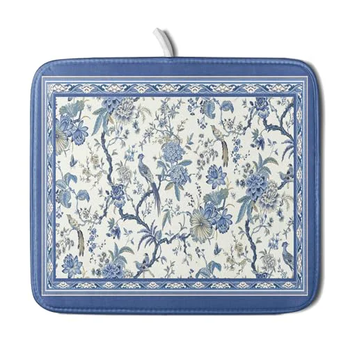 Detailed Chinoiserie Dish Drying Mat 16x18in Blue White Oriental Floral Birds Kitchen Drainer Mats Porcelain Flowers Reversible Microfiber Dish Drying Pad Small for Countertop Home Decor Green
