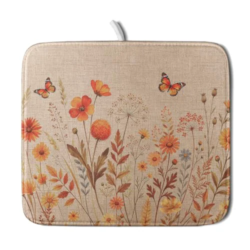 Professional Rustic Fall Flowers Dish Drying Mat Retro Autumn Orange Floral Butterfly Dish Drainer Mats 16 x18 Microfiber Reversible Dish Drying Rack Pad Protector for Kitchen Countertop Decor Consistent