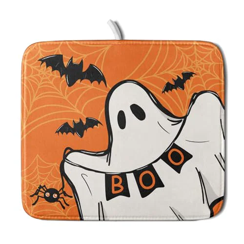 Green Orange Halloween Dish Drying Mat Spooky Boo Ghost Black Bats Dish Drainer Mats 16 x18 Spider Web Microfiber Reversible Dish Drying Rack Pad Protector for Kitchen Countertop Small Decor Genuine