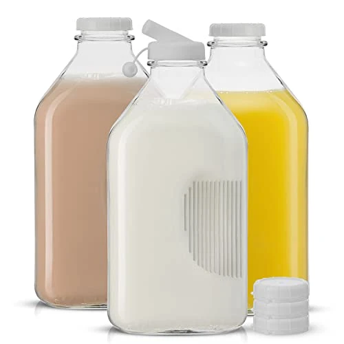 First-Class Glass Milk Bottles with Lids and Pourer 3 Count Prestigious