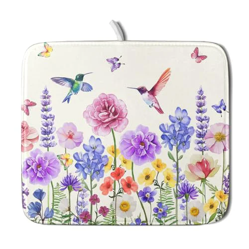 Lightweight Hummingbird Flower Dish Drying Mat 16×18 inch Watercolor Spring Herb Floral Dish Drainer Mats Wildflower Plant Reversible Microfiber Dish Drying Pad for Kitchen Countertop Small Decor Genuine