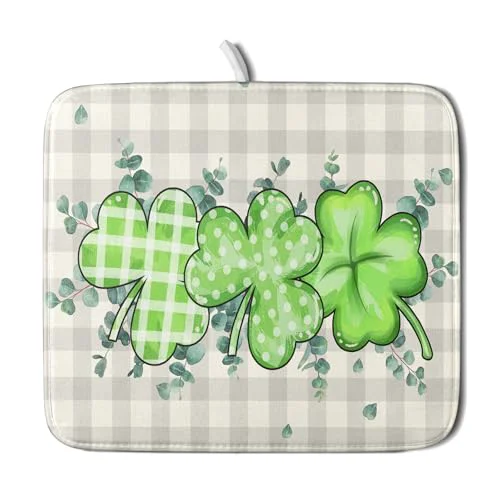 Dependable Patrick Dish Drying Mat for Kitchen Green Clovers Grey Buffalo Plaids Dish Drainer Mats 16x18inch Spring Leaf Dish Drying Rack Pad Protector for Countertop Dining Holiday Decor First-Class