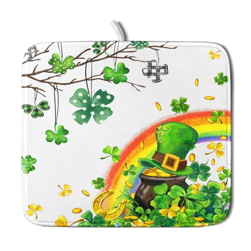 High-End St Patrick Dish Drying Mat Small Lucky Clover Tree Shamrock Dish Drainer Mats 16x18inch Spring Elf Hat Rainbow Colorful Fast Drying Absorbent Dish Drying Pad for Kitchen Counter Decor Convenient