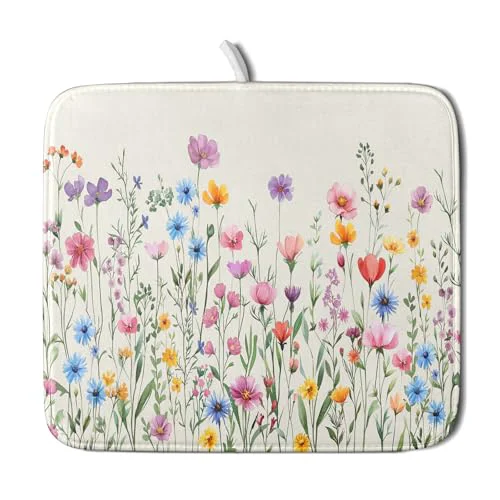 Lightweight Spring Floral Dish Drying Mat 16 x18 Watercolor Summer Wildflower Dish Drainer Mats Herb Flower Reversible Absorbent Dish Drying Pad Decor for Kitchen Countertop Dining Room Trusted
