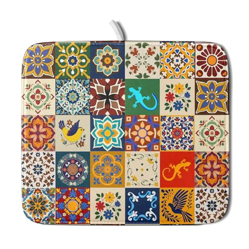 Recyclable Mexican Tile Dish Drying Mat 16 x18 Talavera Boho Floral Print Dish Drainer Mats Rustic Ethnic Traditional Reversible Small Dish Drying Pad Protector for Kitchen Countertop Decor Unique
