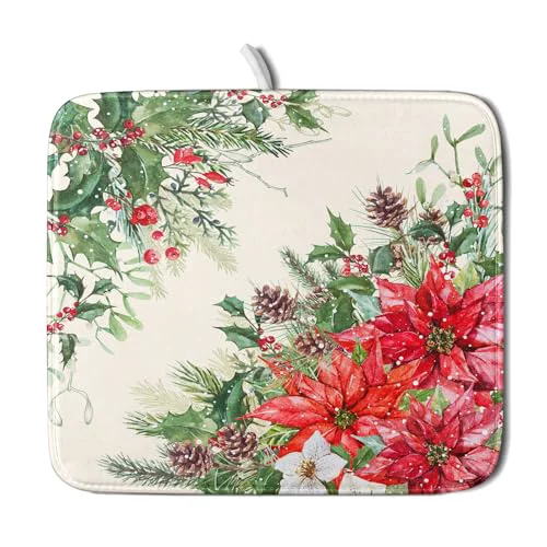 Fine Poinsettia Dish Drying Mat for Countertop 16 x18 Christmas Red Floral Winter Holly Berries Flowers Dish Drainer Mats Microfiber Dish Drying Pad Protector for Kitchen Home Decor Small Natural